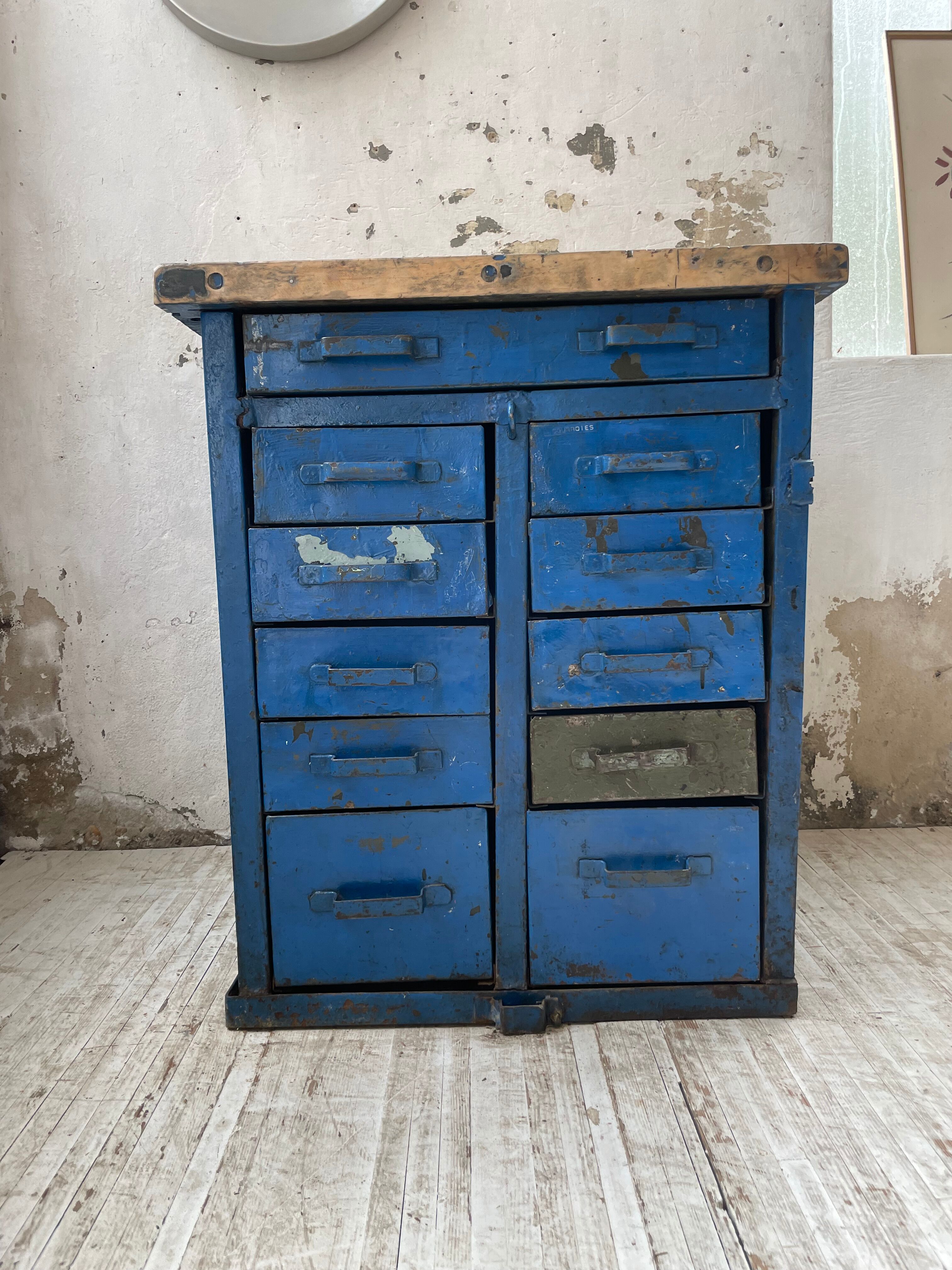 Meuble établi rangement militaire industriel bleu