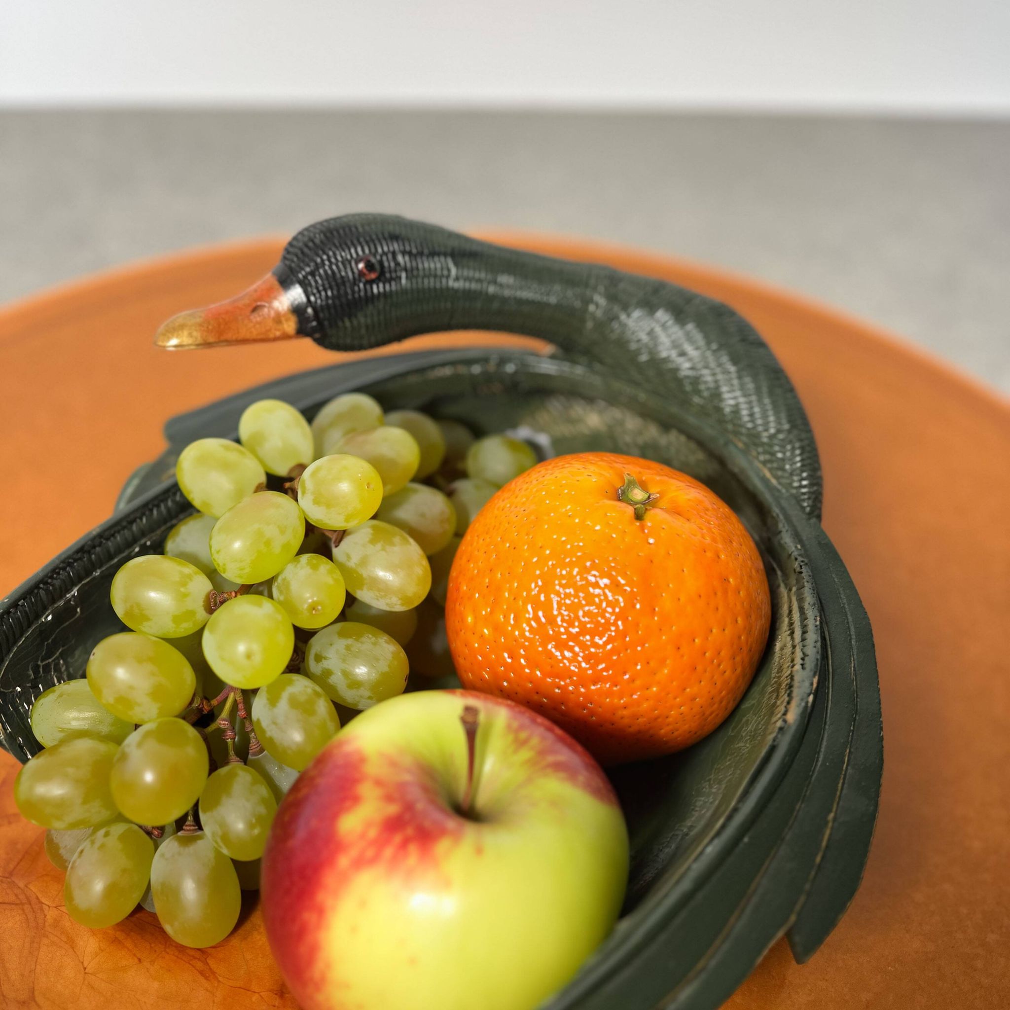 Vintage “Shanghai Weave” Duck Tray, Green Wicker & Carved Wood, 1970s