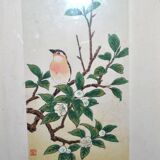 Painting enhanced engraving bird japan signed ashikaga "teaoil plant" 1950