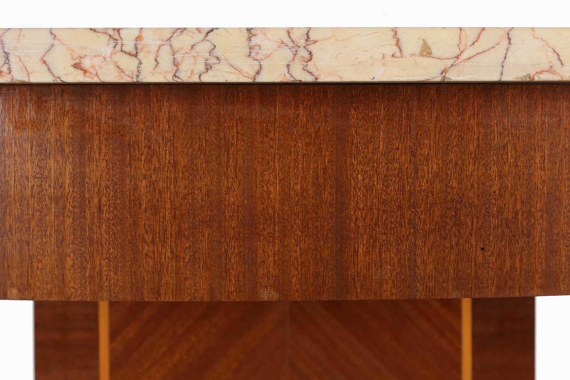 Art Deco side table by De Coene Freres with wood inlay and marble top, 1930s