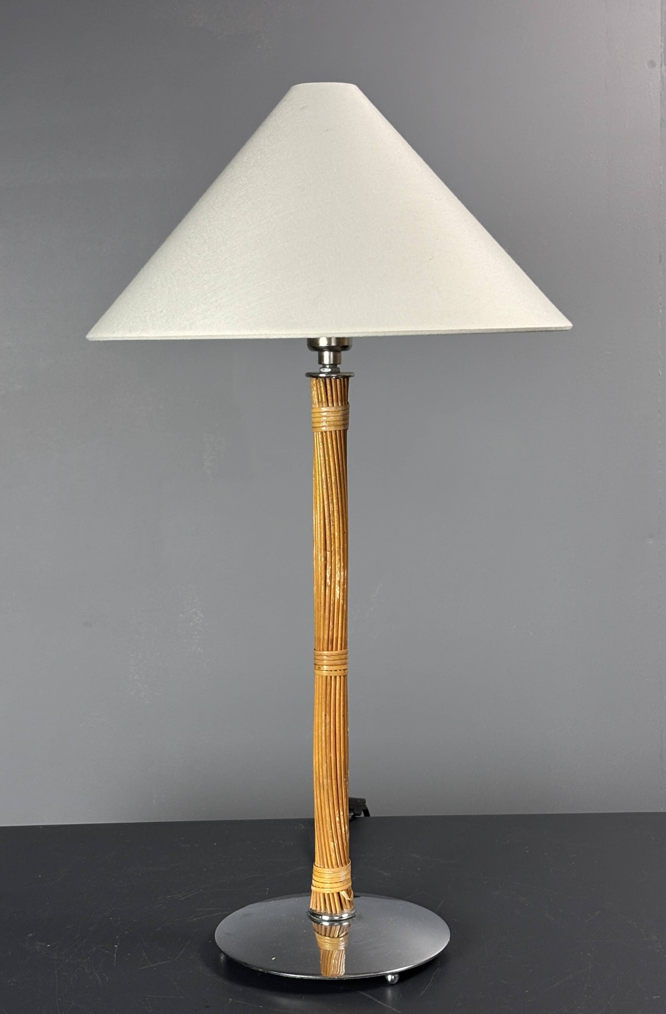 Set of 2 pencil reed rattan bamboo and chrome table lamps, 1980s
