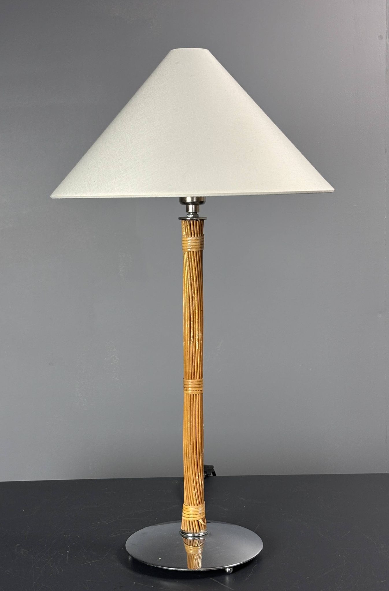 Set of 2 pencil reed rattan bamboo and chrome table lamps, 1980s