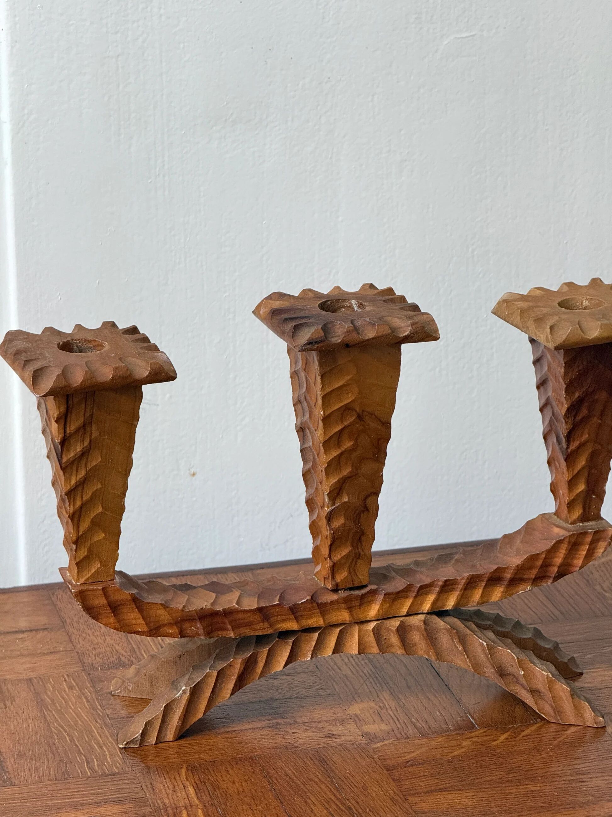 Pair of carved wooden candlesticks - 3 branches
