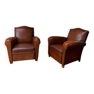 Pair of French Leather Club Chairs, Chapeau du Gendarme Models, Circa 1950's