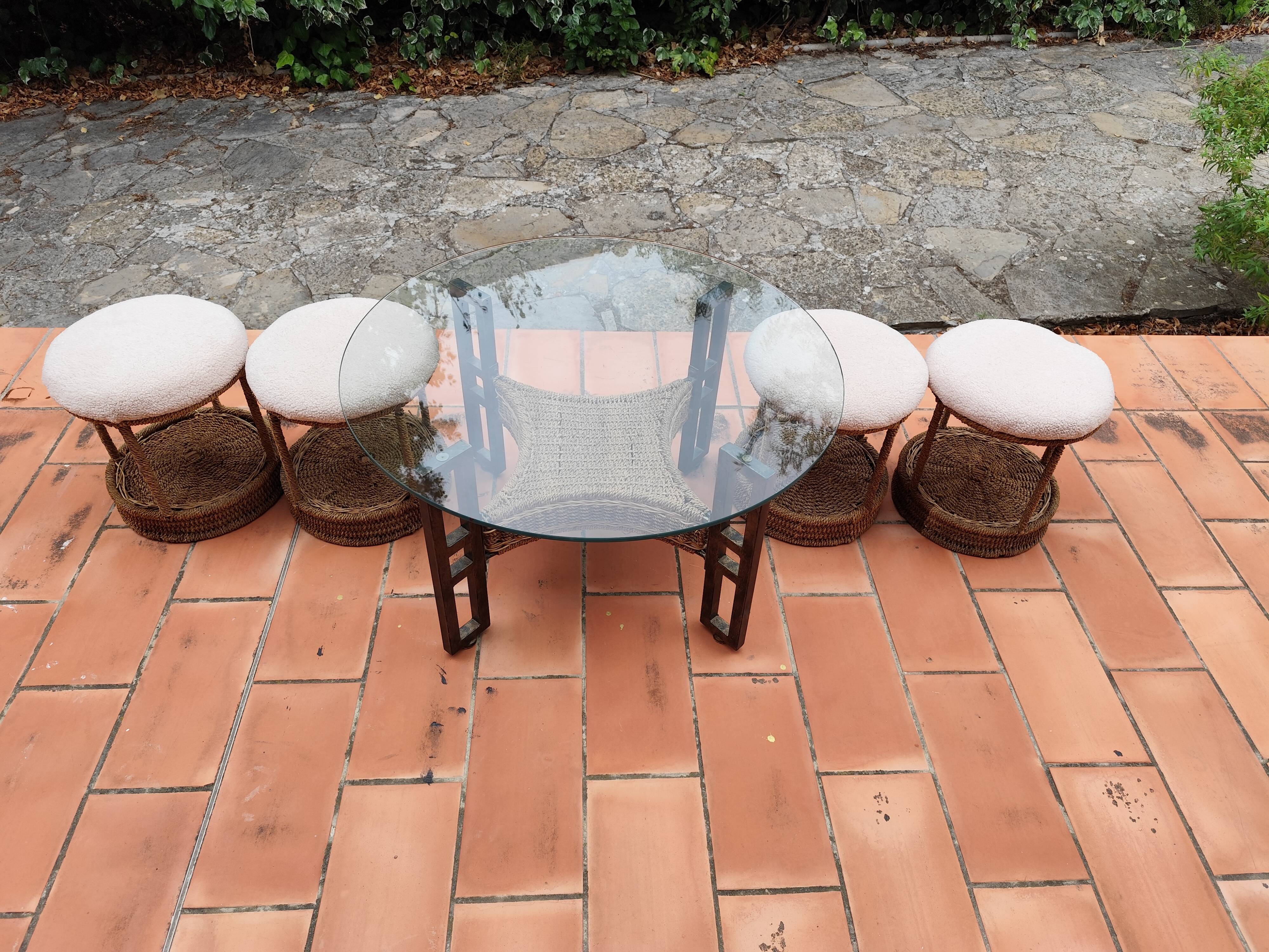 Vintage 1970s rope & rattan coffee table and 4 stools