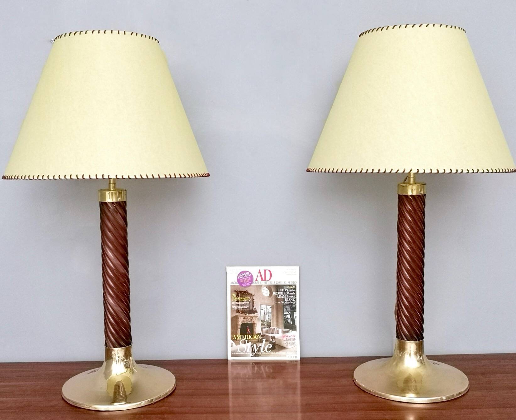Burgundy Plexiglass and Brass Table Lamps by F. Loffredo, Italy 1980s