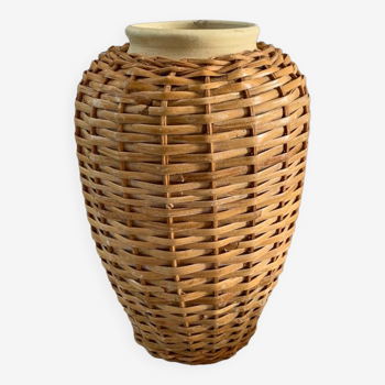 Stoneware and rattan vase