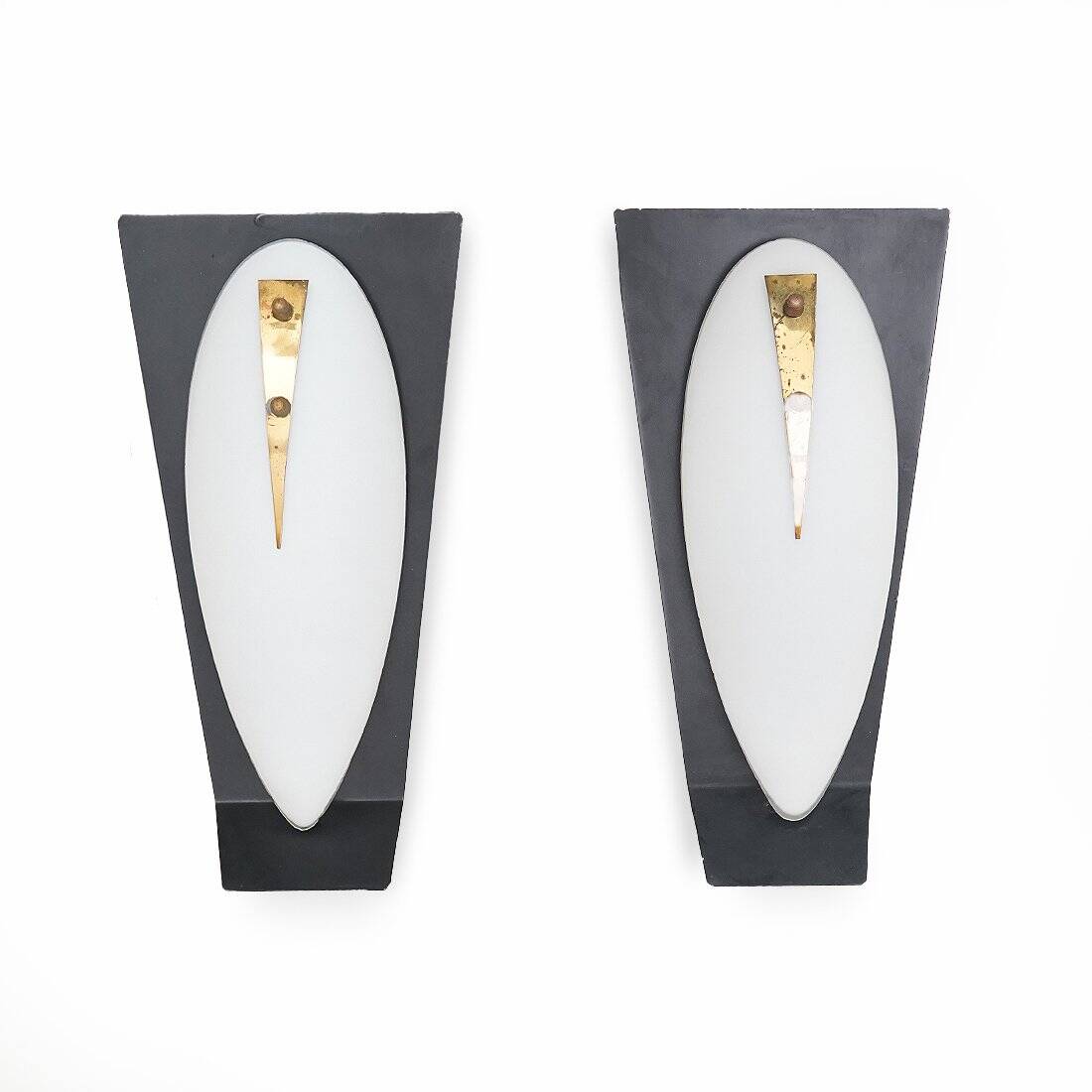 Vintage wall sconces in opaline glass and brass, 1950s, set of 2.