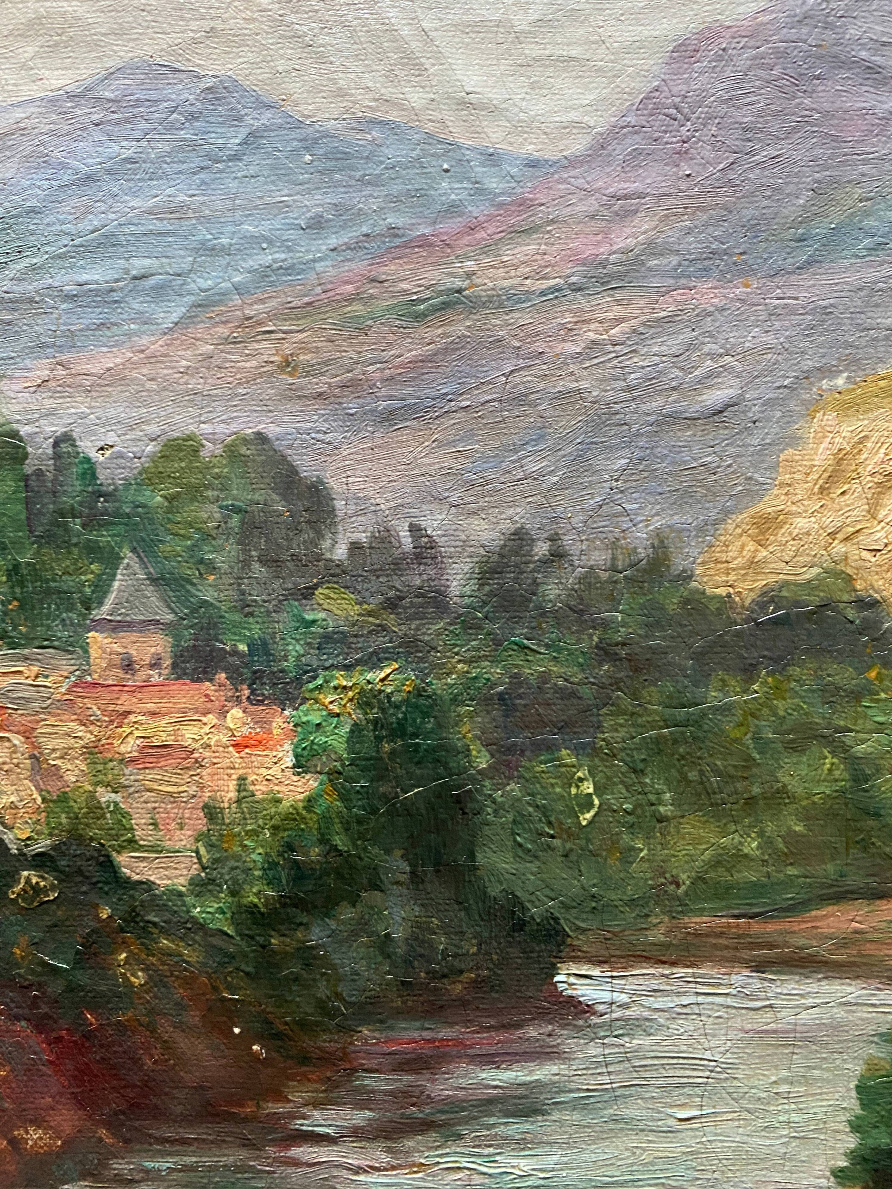 HST painting "Altitude landscape" Mountain and animated river signed