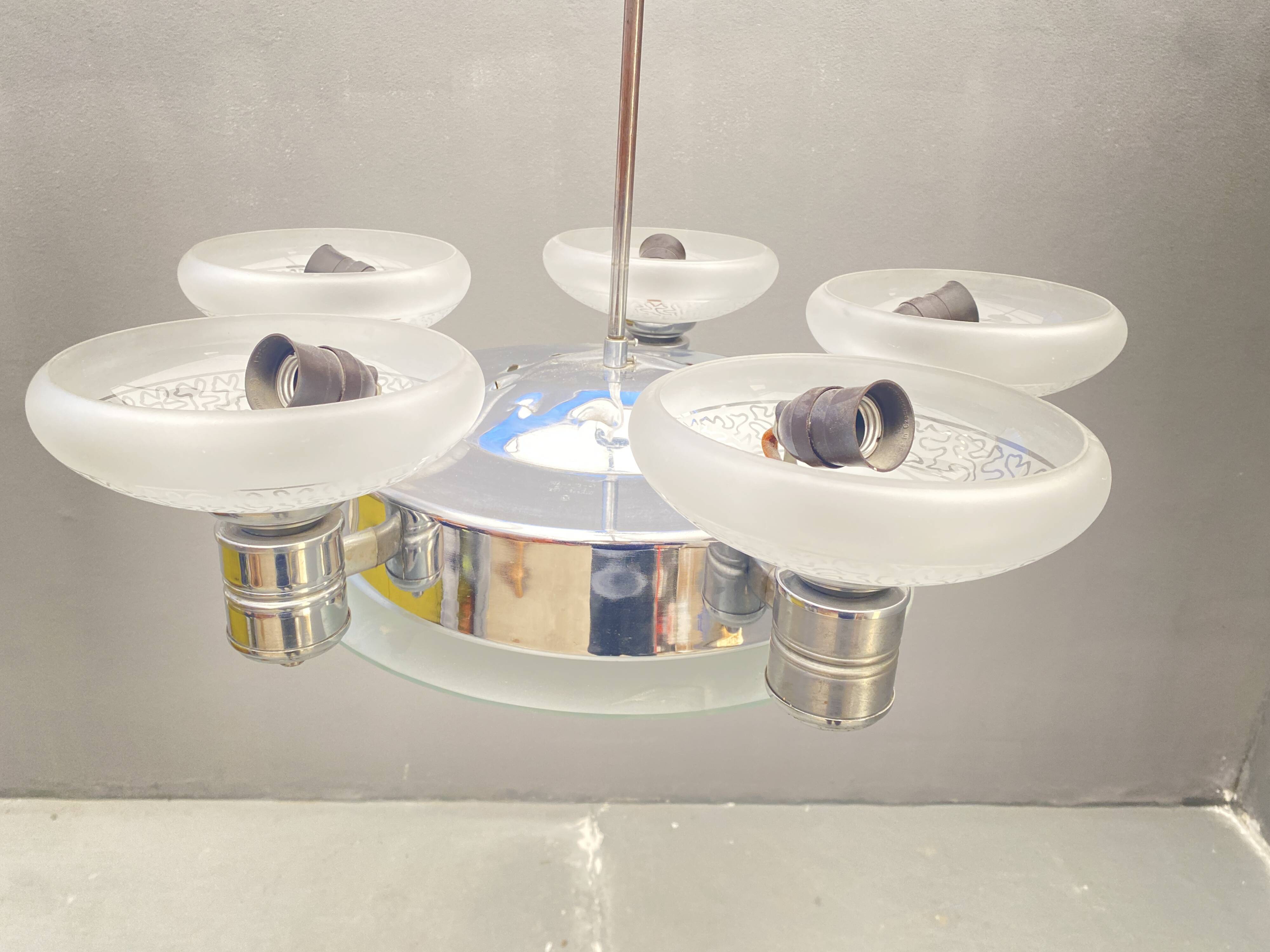 Art Deco Chrome Chandelier with Glass Bowl Shades