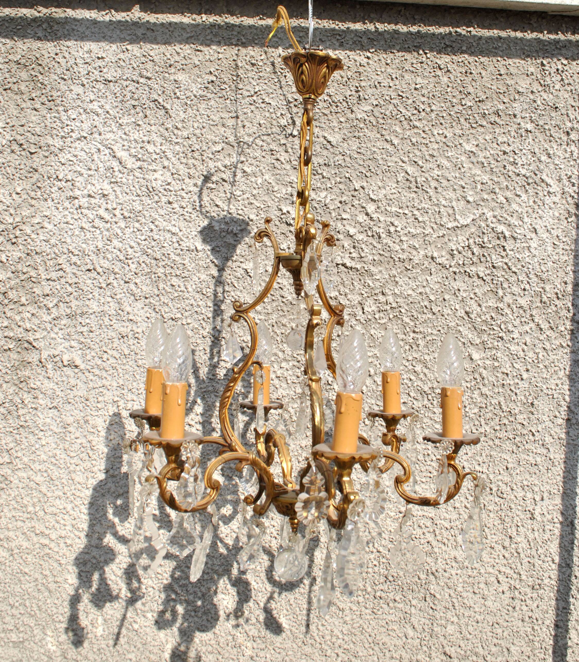 Retro bronze and crystal tassel chandelier - 6-light pendant lamp