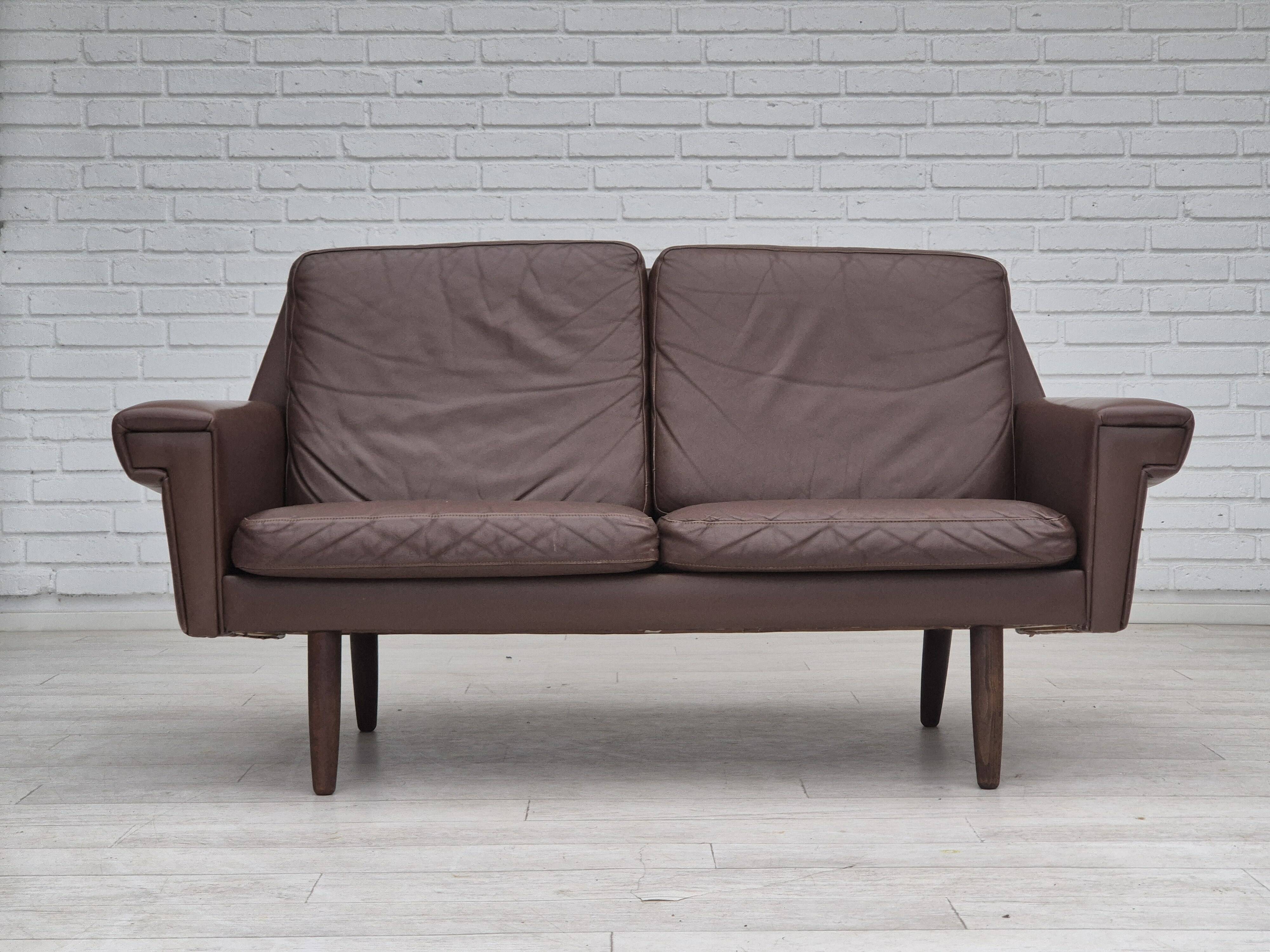 1970s, Danish 2-seater sofa, original brown leather.