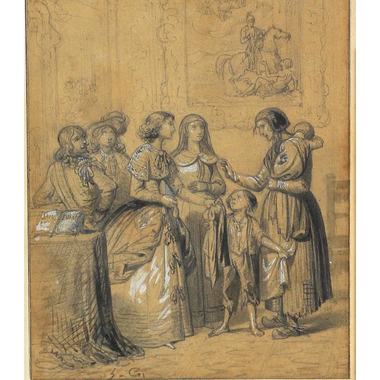 French school of the nineteenth century, "L'Aumône", pencil and gouache, nineteenth century
