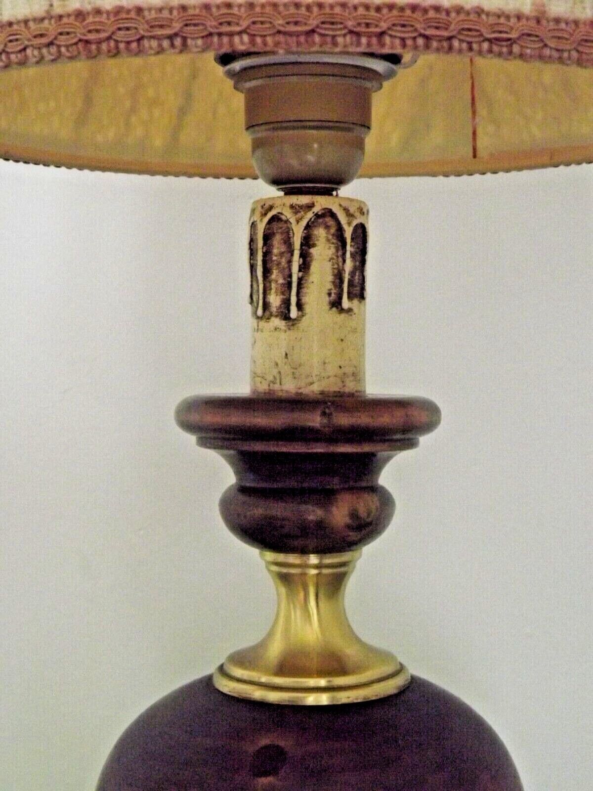 French Mid Century Round Lamp in Turned Wood and Gold Metal Beige Fabric Shade 3625