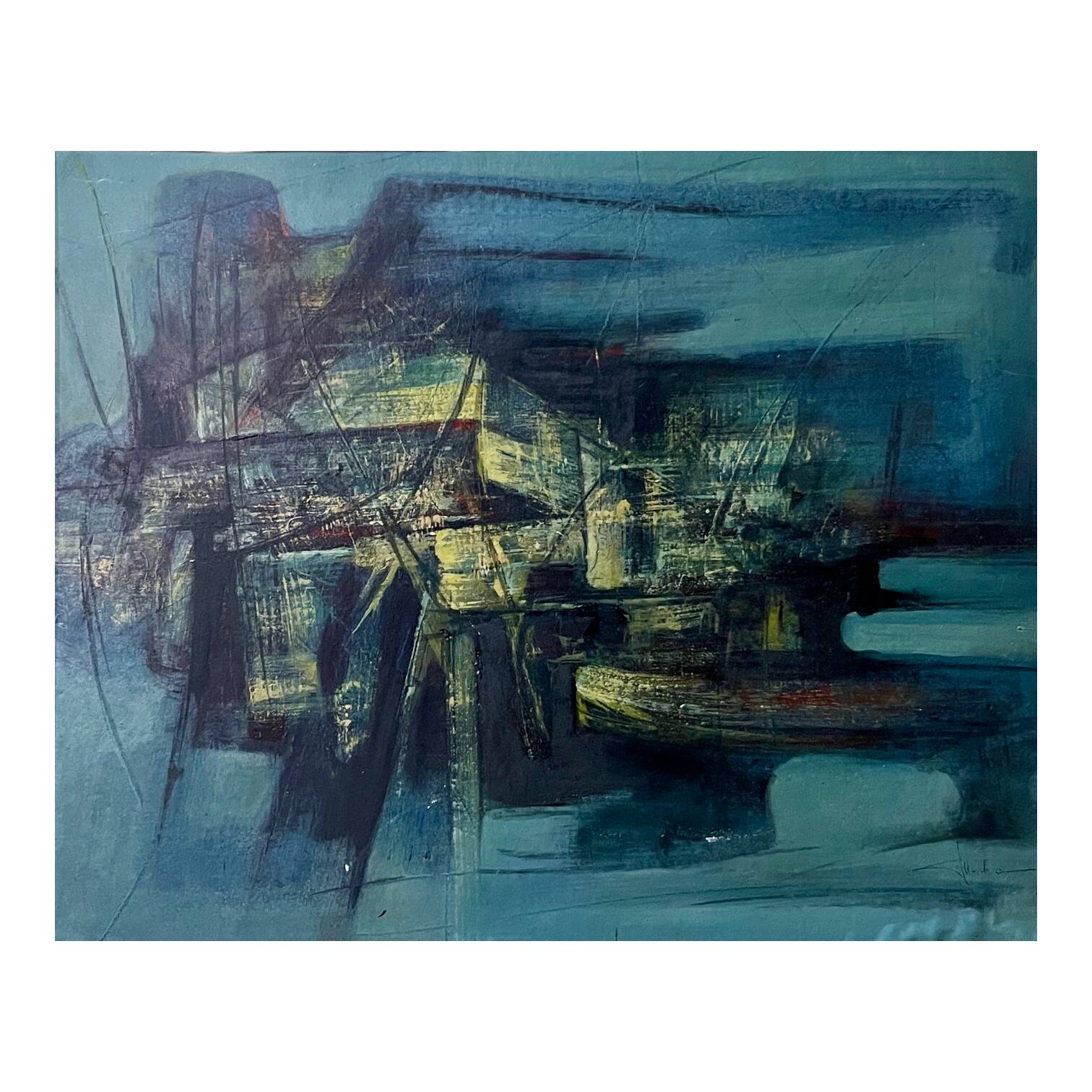 Blue abstract painting, MACKOWIAK ERWIN, Belgian painter, oil on panel, 1960