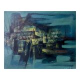 Tableau abstrait bleu, MACKOWIAK ERWIN, peintre belge, huile sur panneau, 1960
