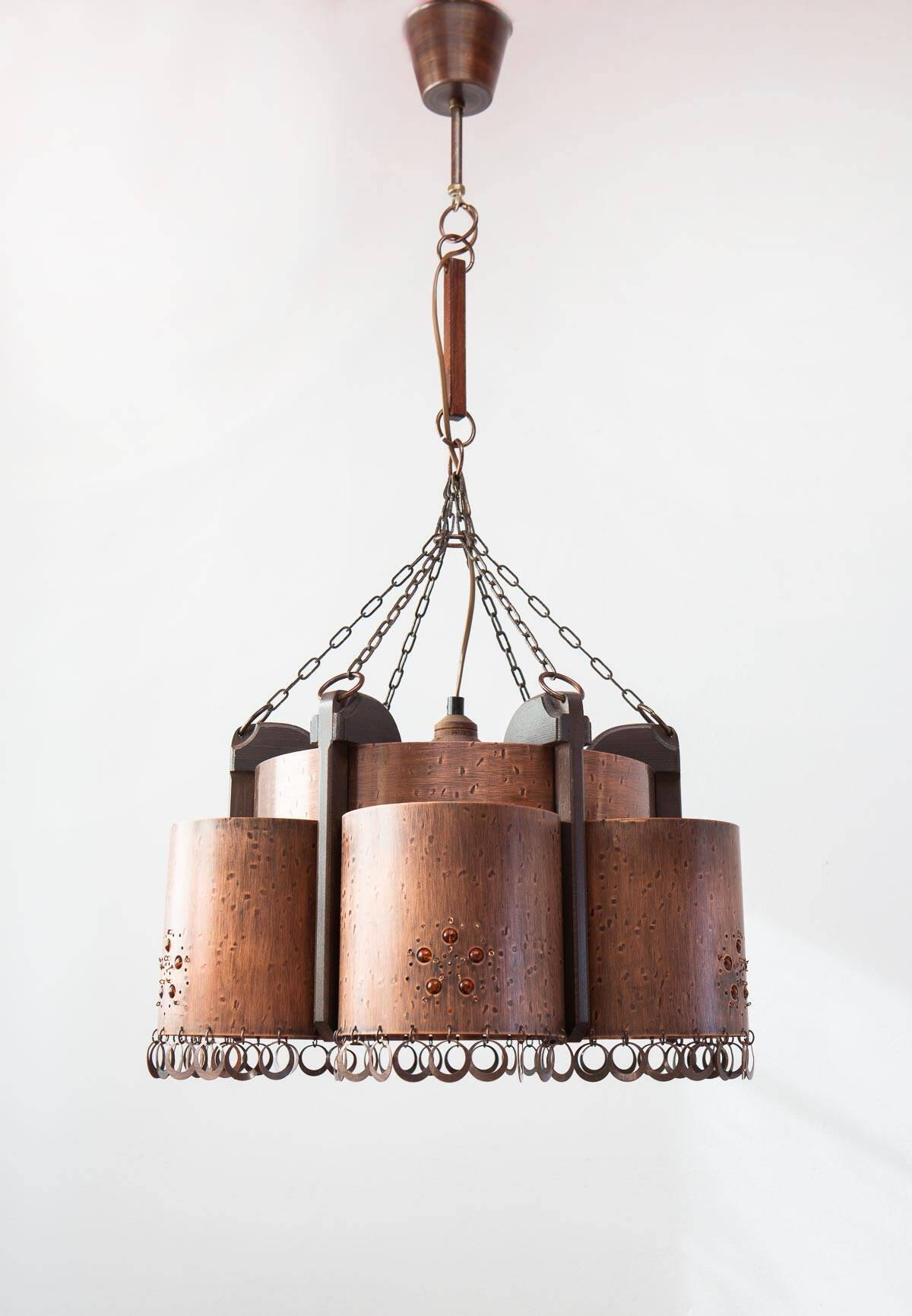 Large Scandinavian copper and wood pendant lamp circa 1970