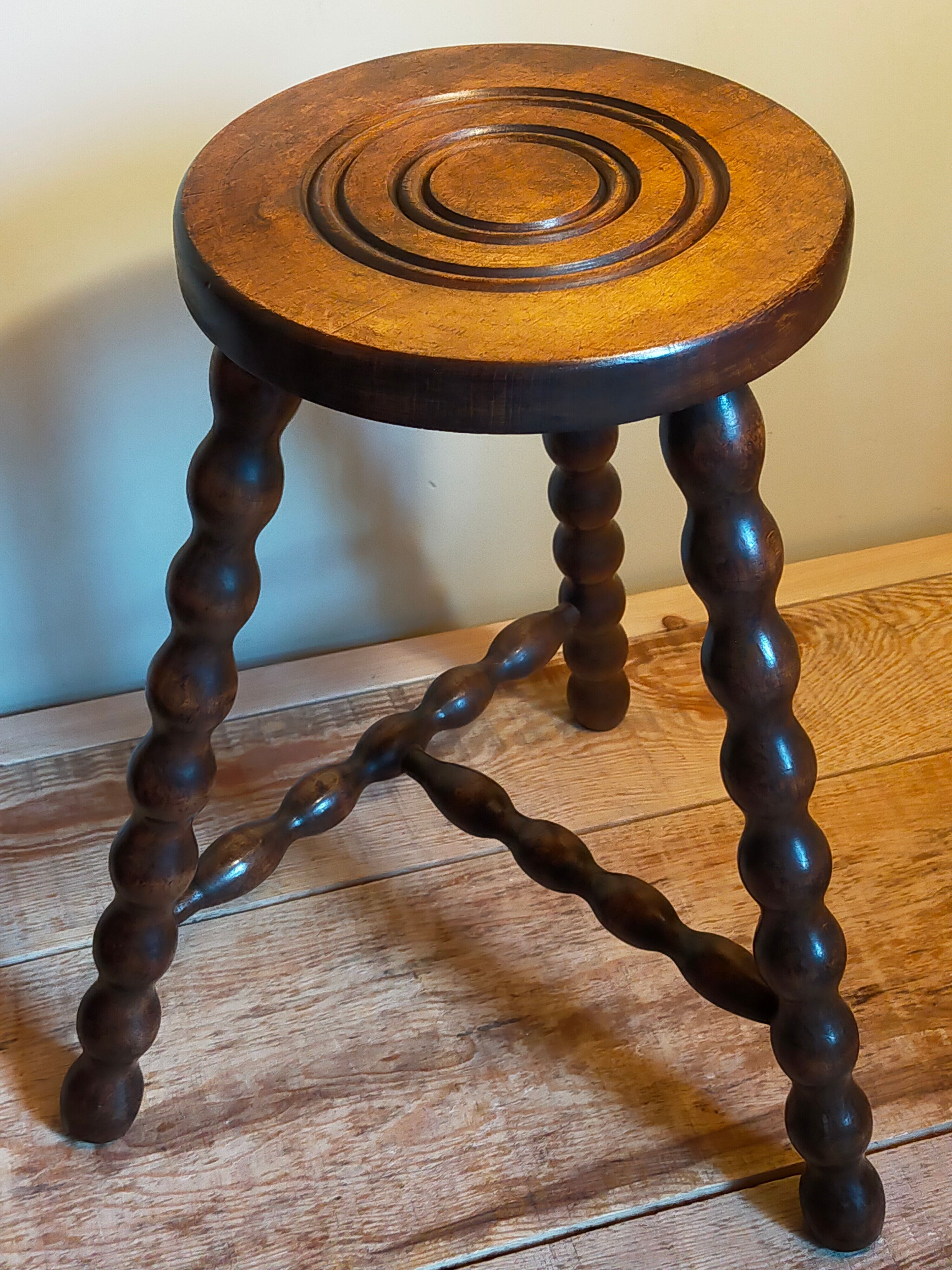 Tripod stool solid wood turned vintage