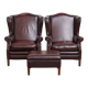 Ensemble de 2 fauteuils à oreilles en cuir de vachette + pouf de style anglais