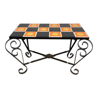 Coffee table pop glazed tiles and wrought iron 70s