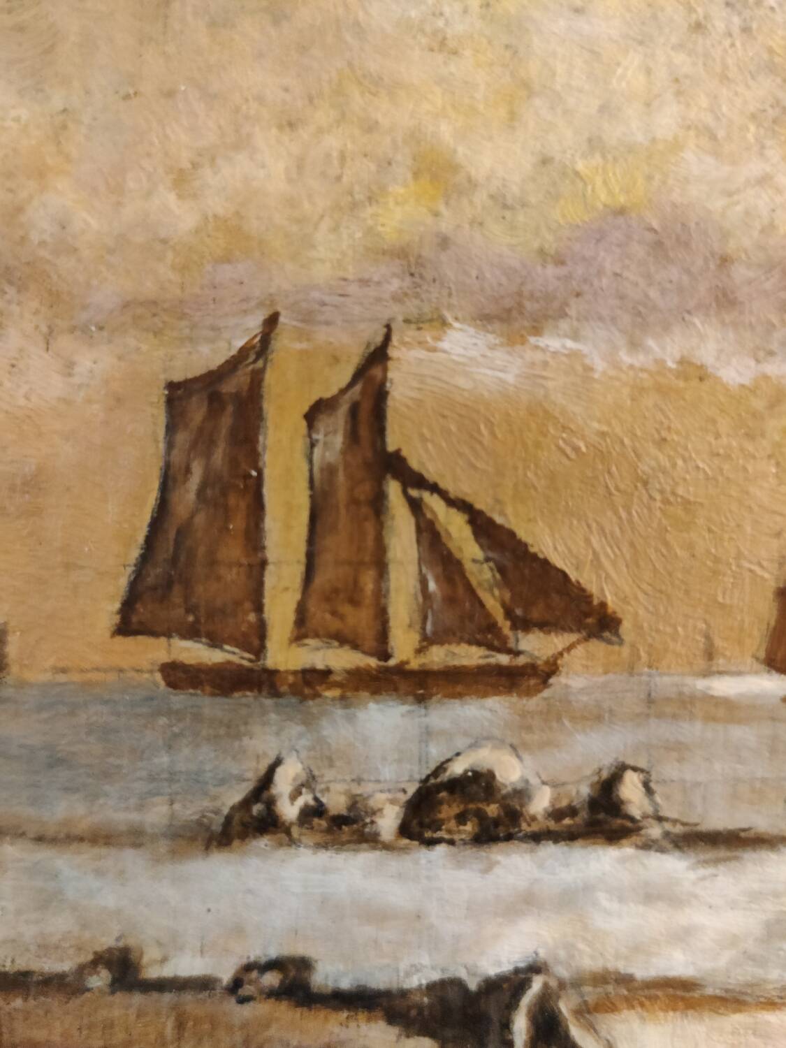 Lot of 2 old marine paintings on wood signed G. Haubois - Gilded frame