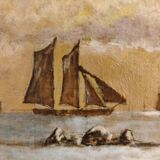 Lot of 2 old marine paintings on wood signed G. Haubois - Gilded frame