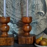 Pair of old brutalist turned solid wood candlesticks