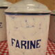 6 old spice pots in white and blue enamelled sheet metal