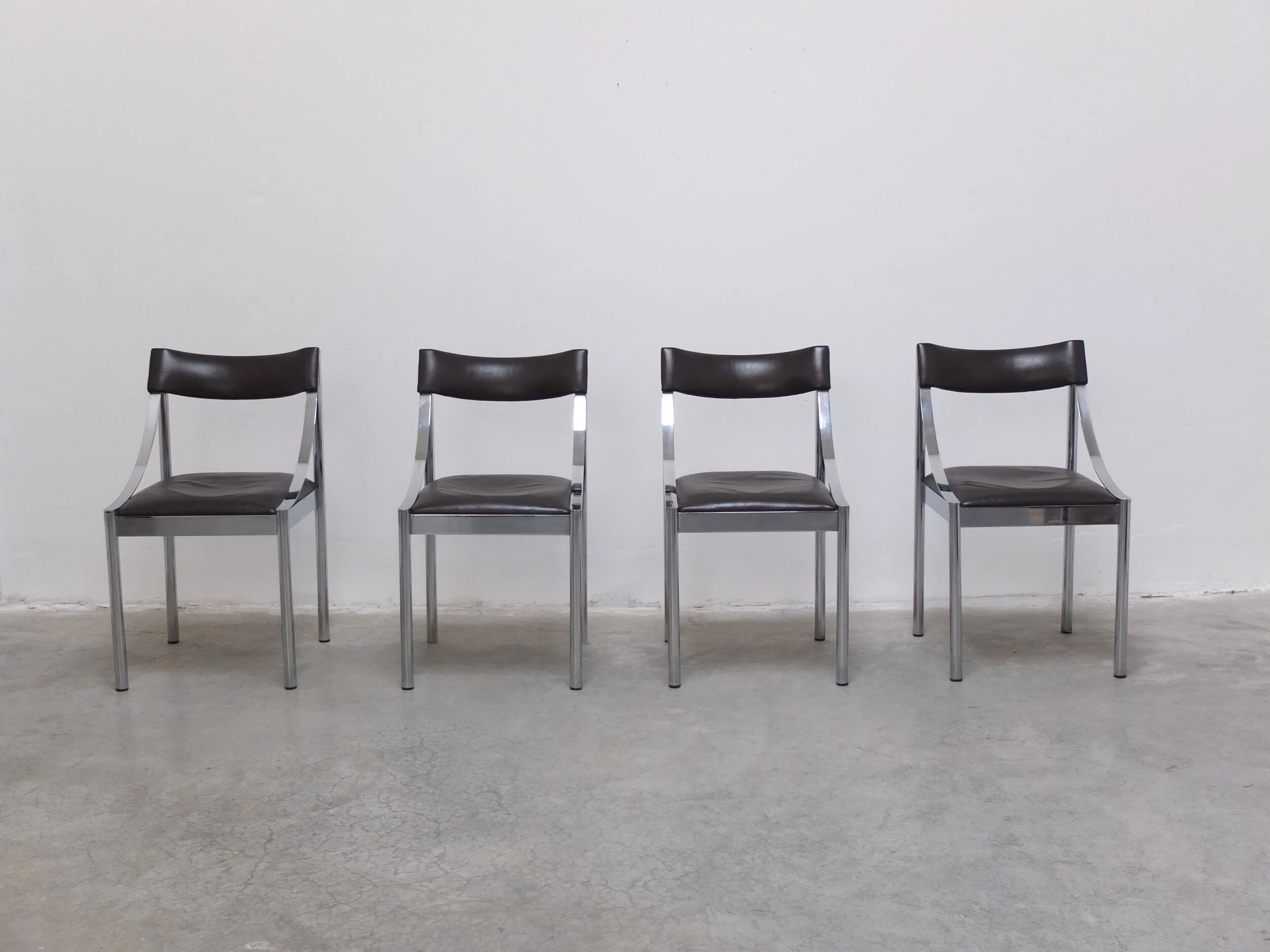 Set of 4 Italian chrome & leather dining chairs, 1970s