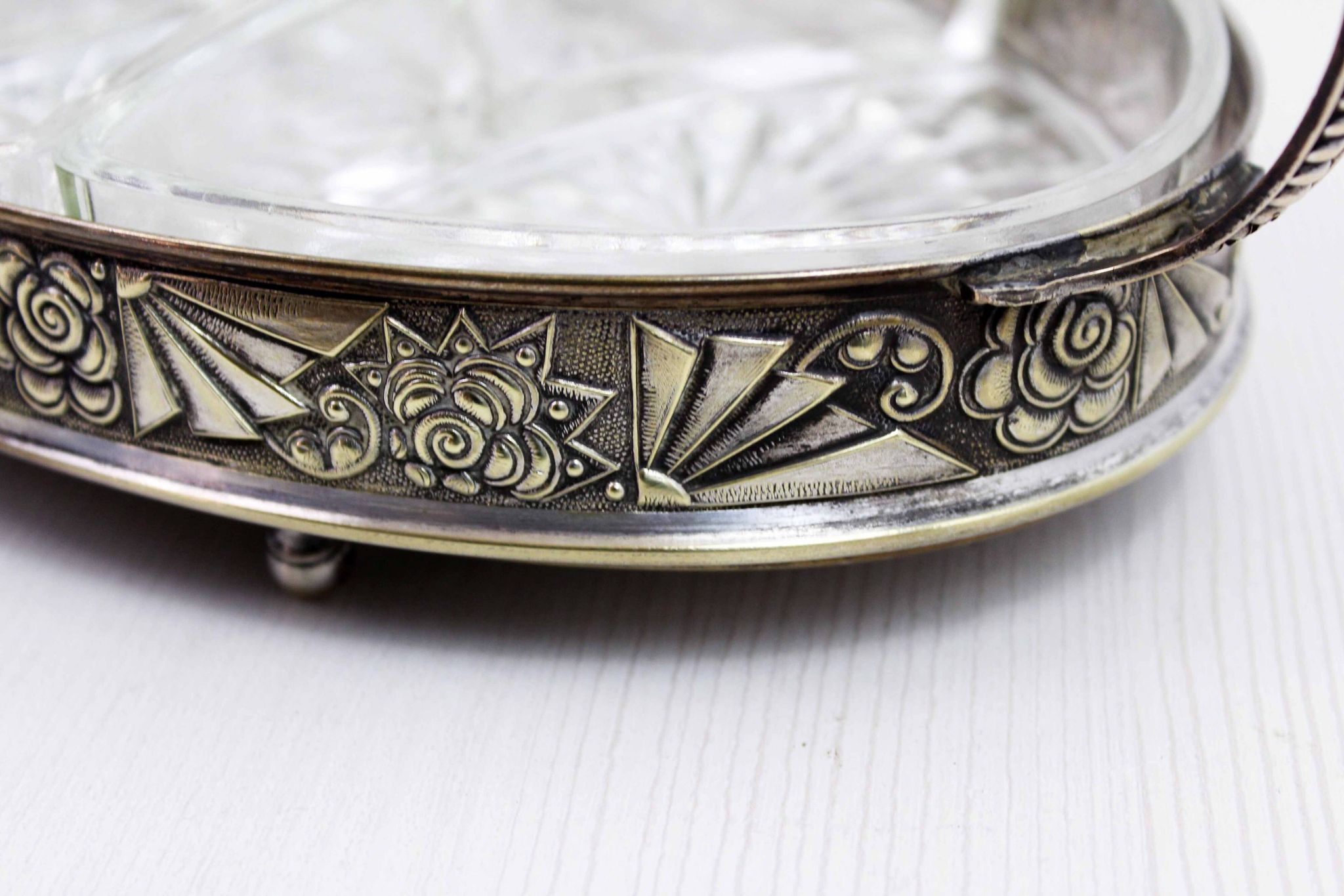 Art Deco silver metal tray with 4 ramekins