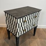 Small Italian chest of drawers with two drawers, patinated with a trompe-l'œil checkerboard pattern