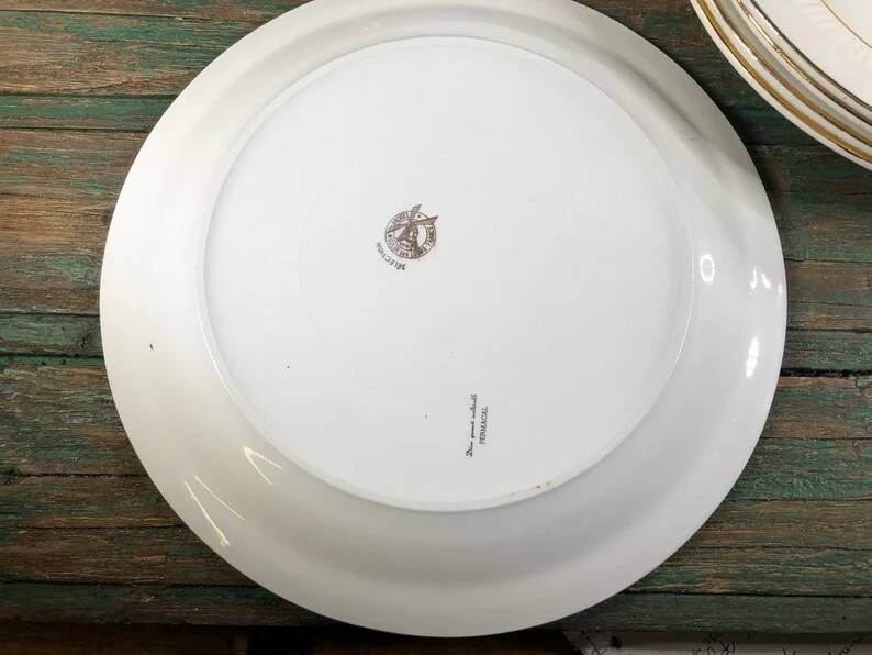 6 assiettes plates blanches rose jaune Moulin des loups Orchies