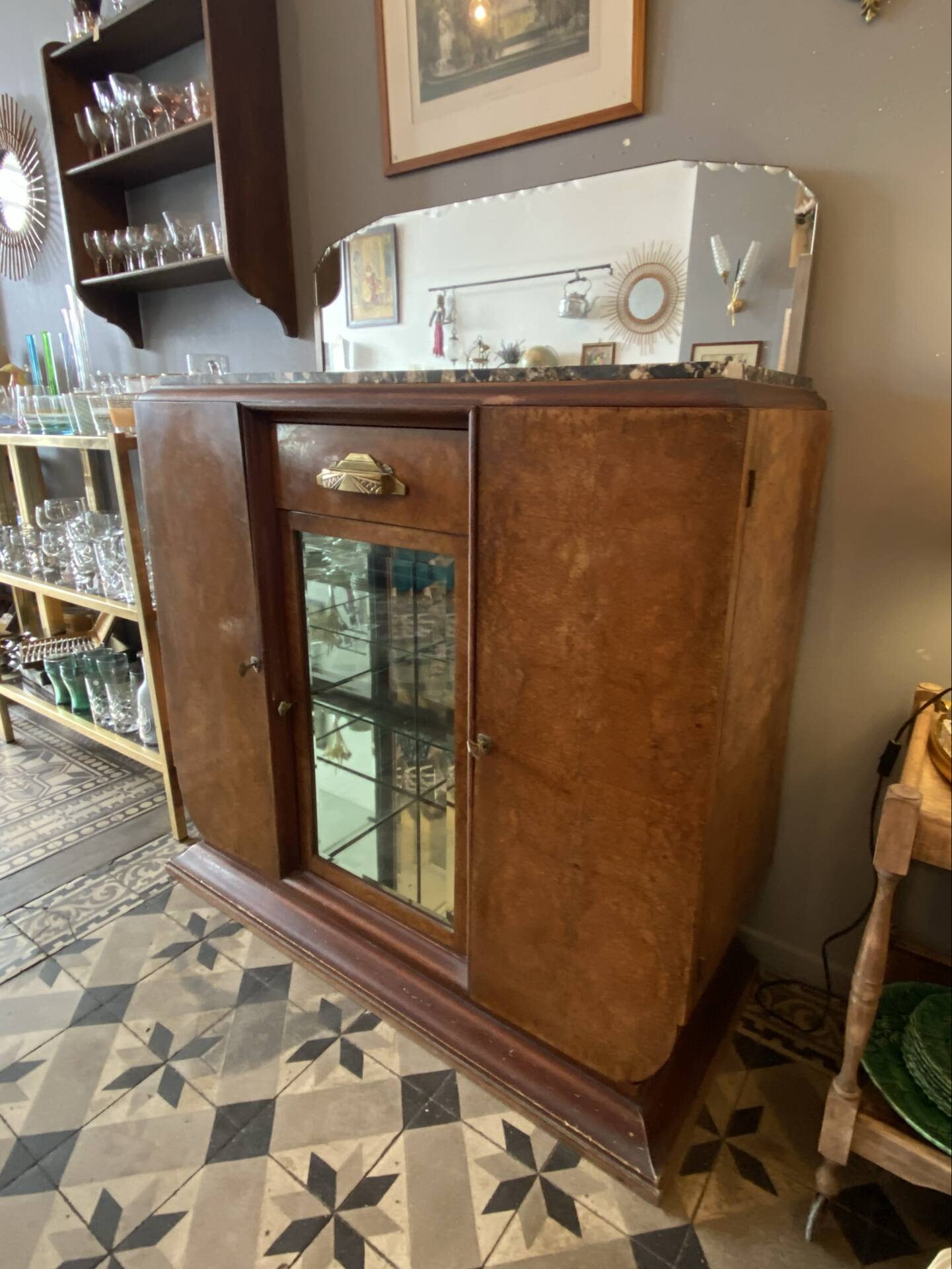 Art Deco wooden sideboard with mirror and marble