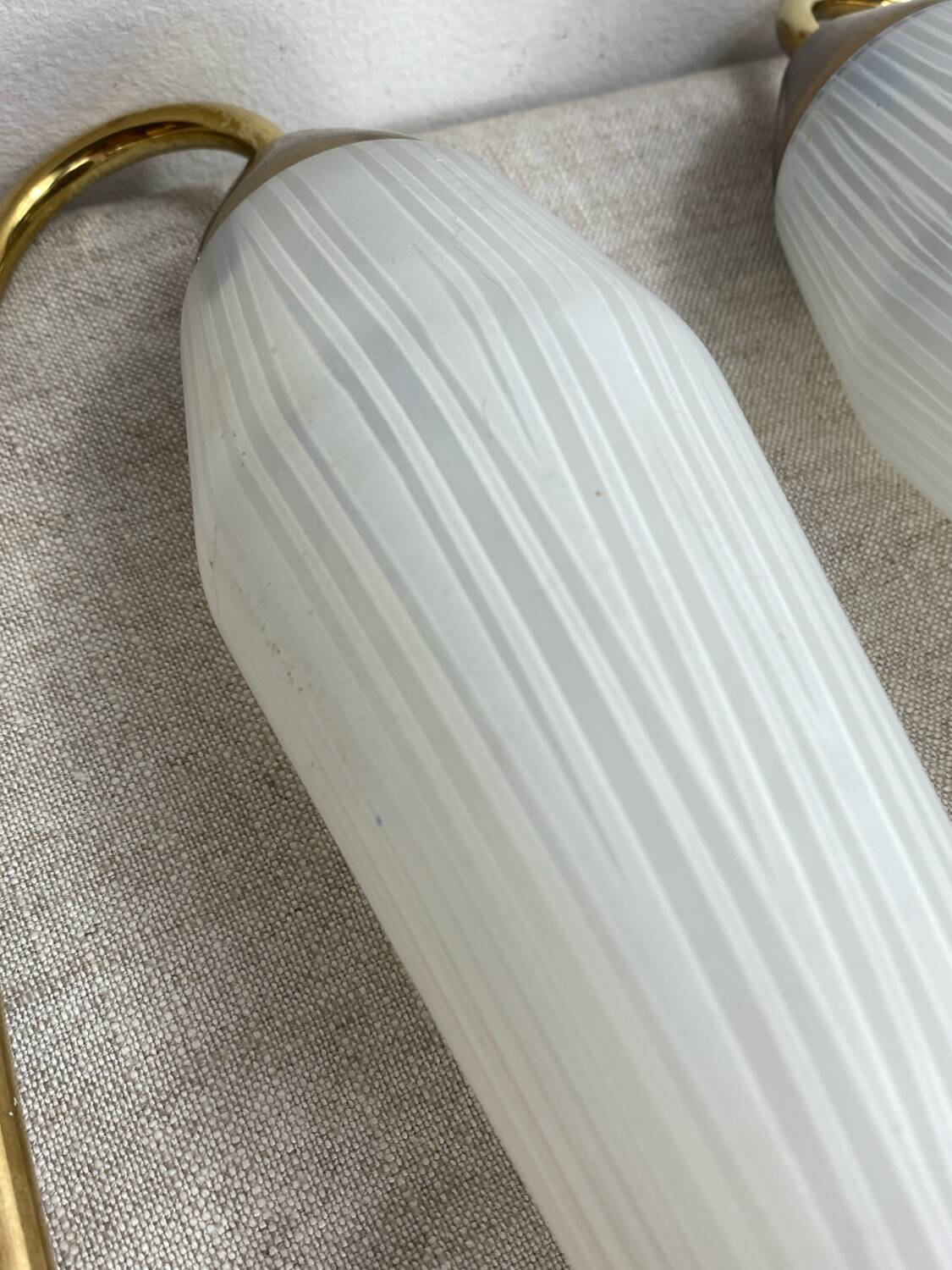 Pair of wall lights in brass, wood and opaline glass, 1950s/60s
