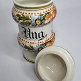 Hand-decorated enamelled ceramic apothecary pot, "Ong. Rasino"