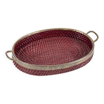 Vintage 1970s Wicker and Brass Tray, Italian Design