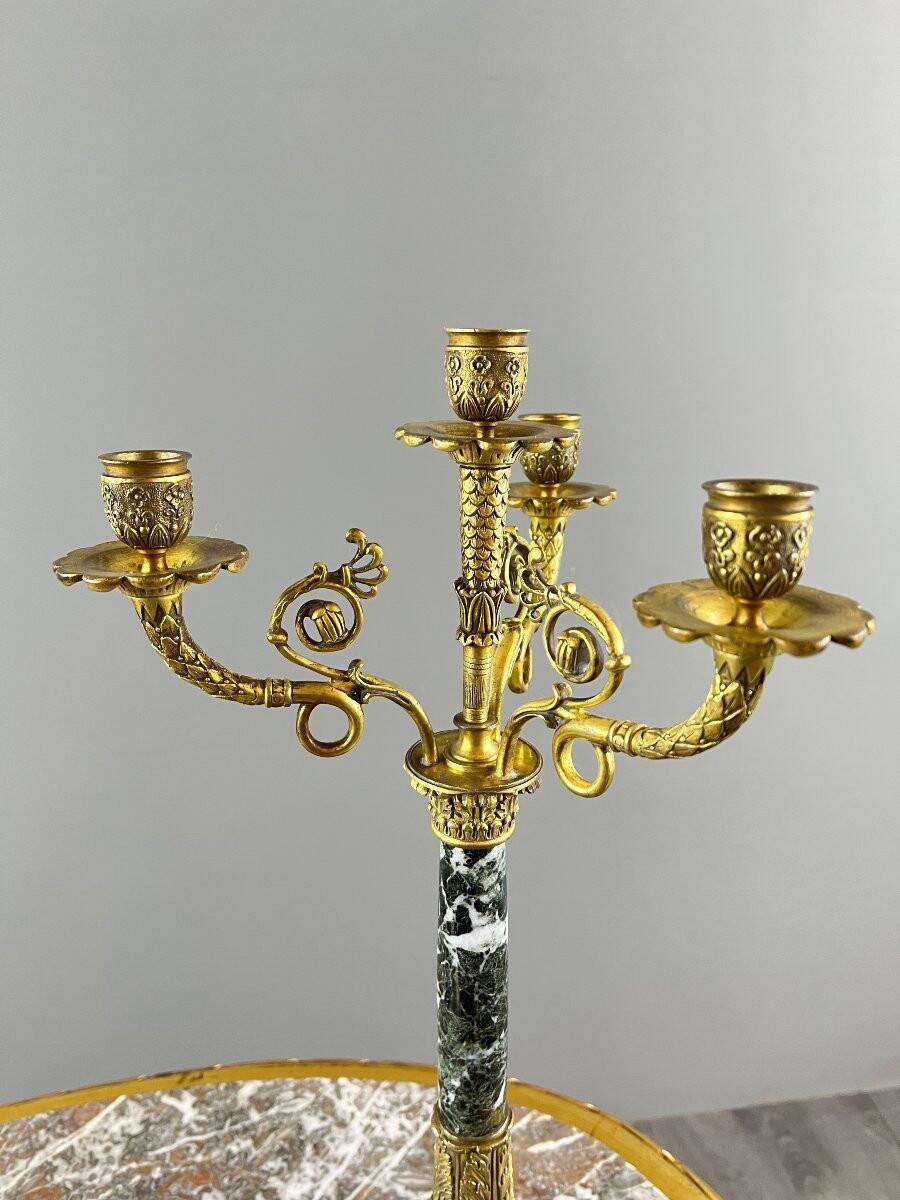 Pair of candelabra in gilt bronze and green marble, 19th century