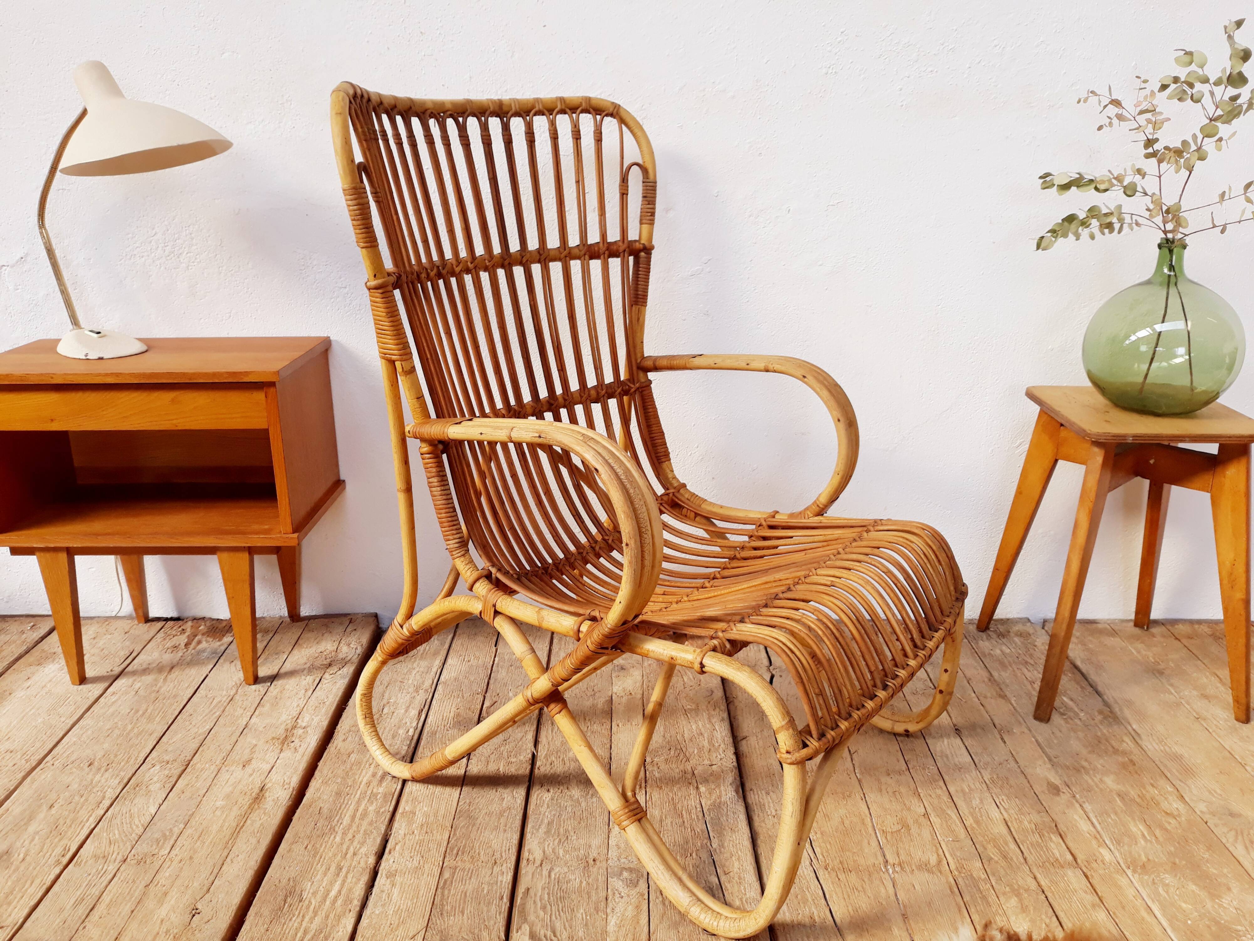 Louis Sognot vintage rattan armchair