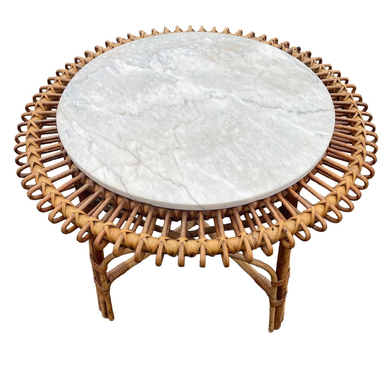 Sun coffee table in rattan and marble from the 50s