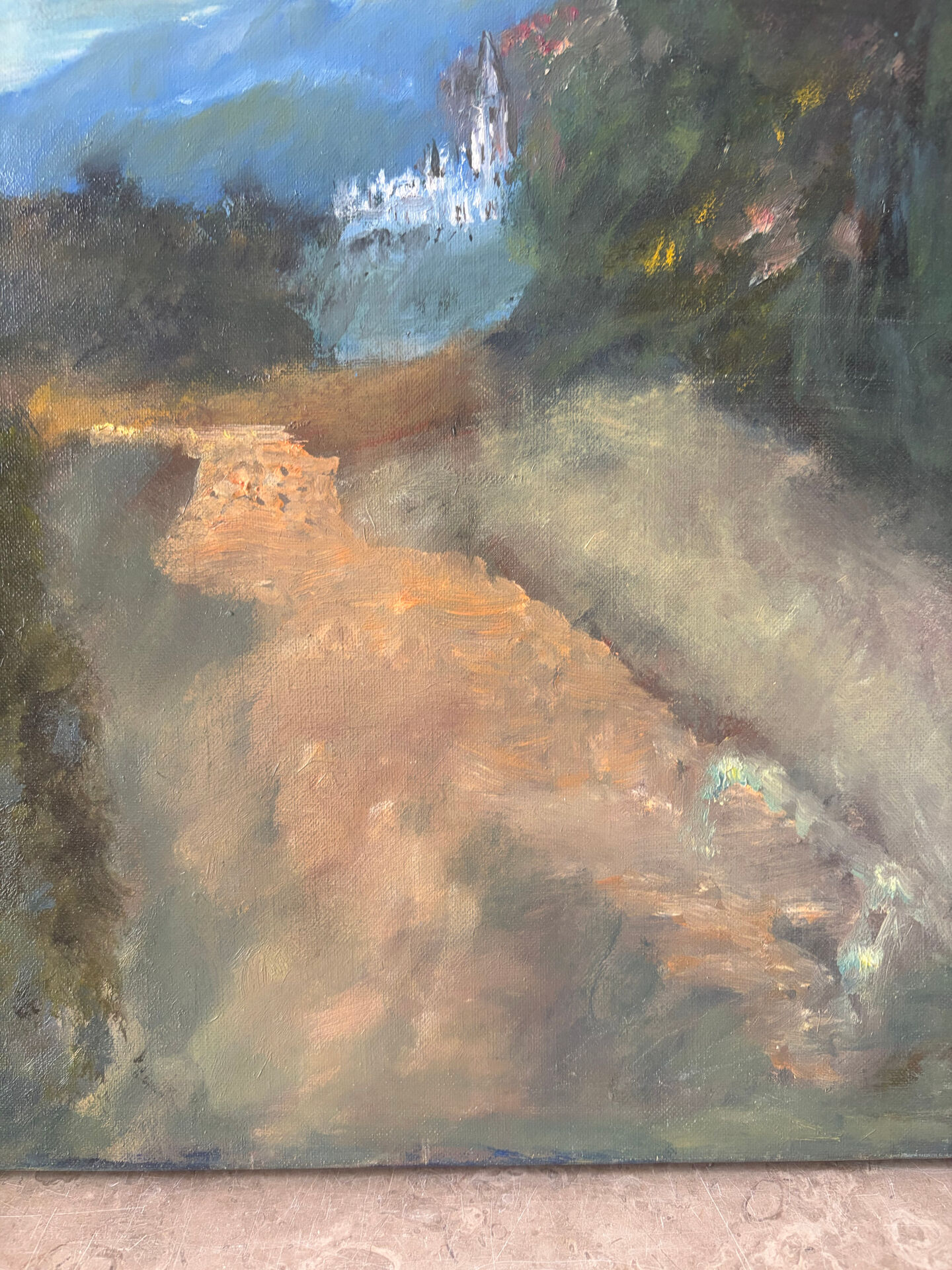The distant castle, oil on canvas signed