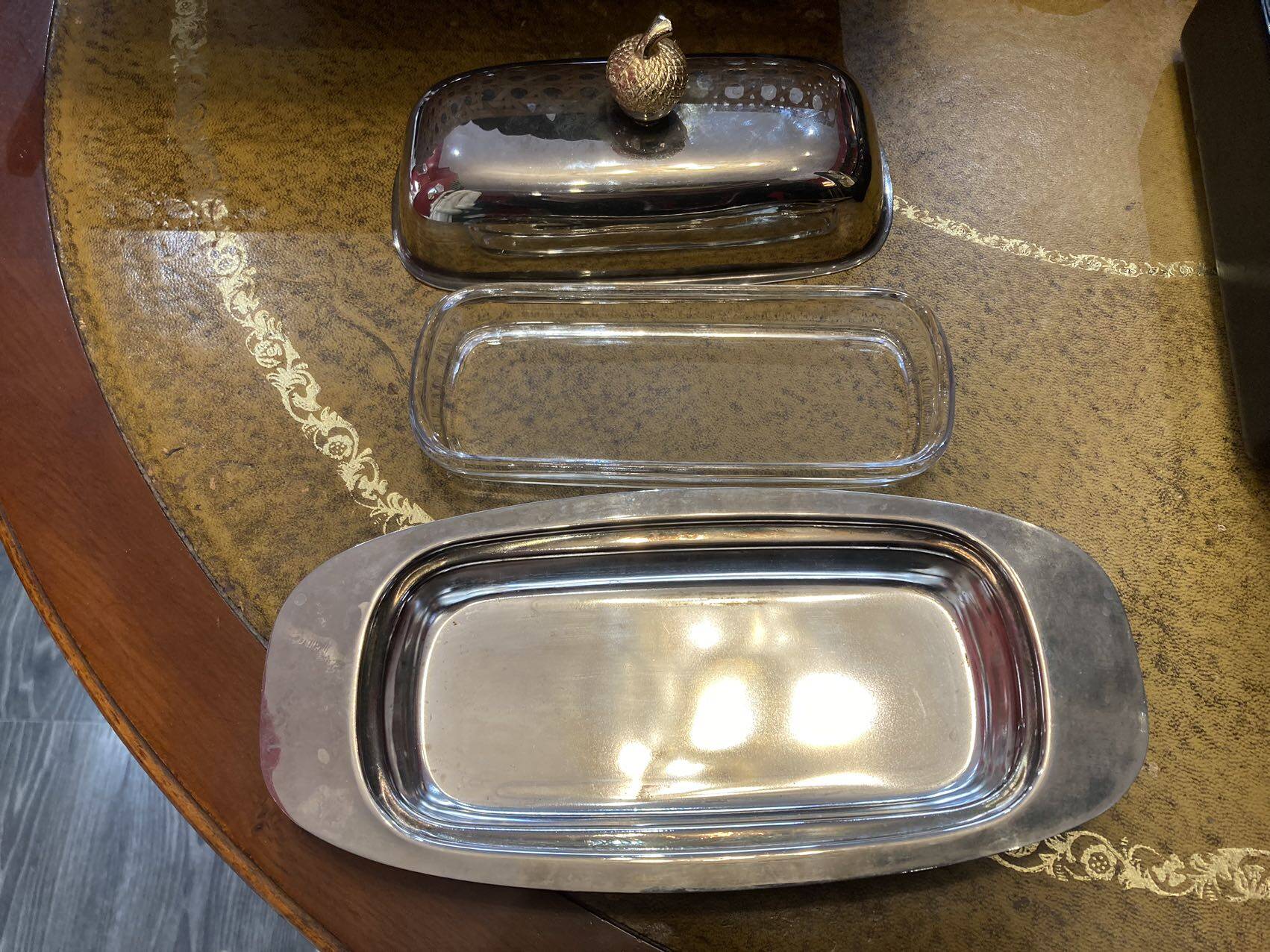 Vintage metal and glass butter dish