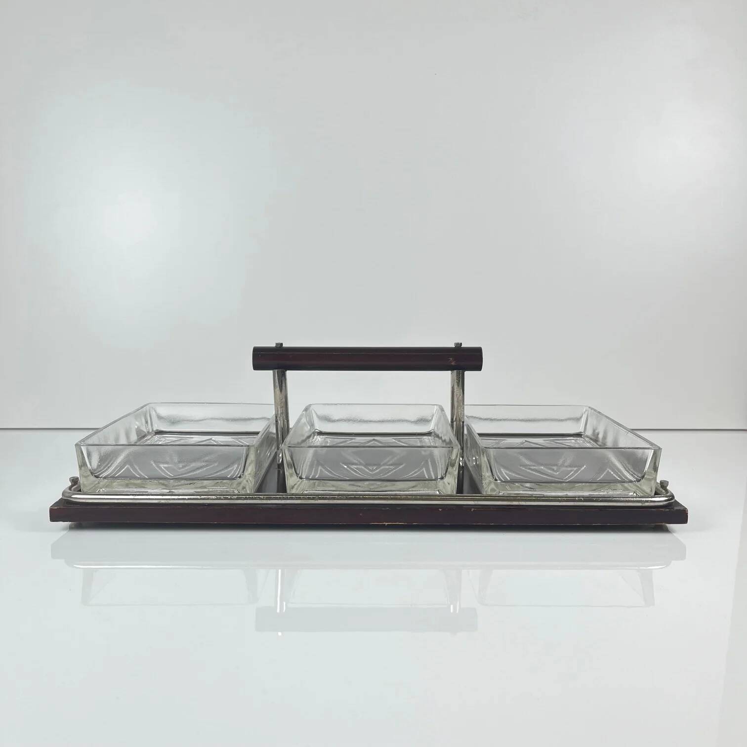 Vintage wooden and glass appetizer tray, 1960s/70s