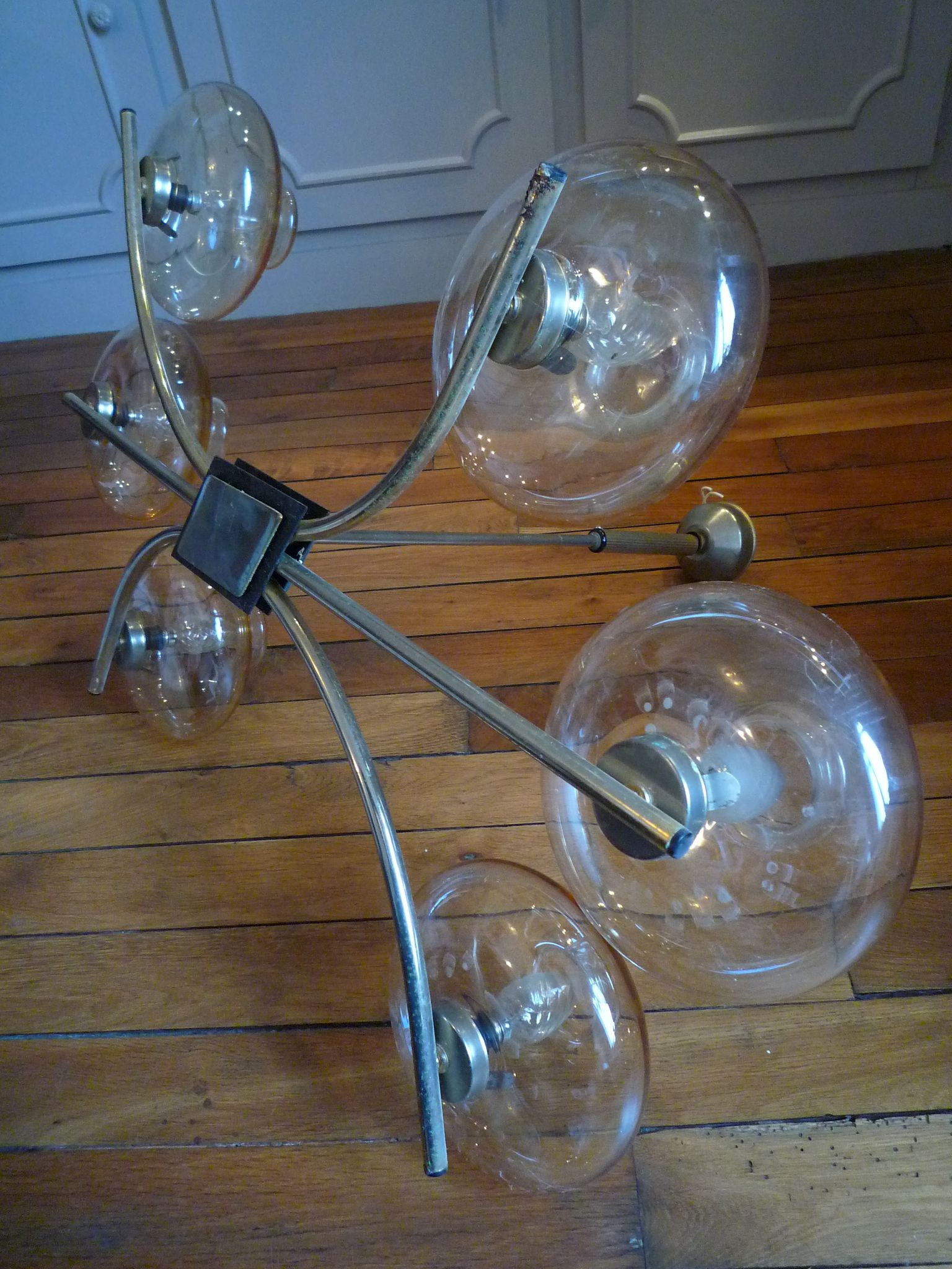 Vintage chandelier 6 lights, metal and glass, vintage 1950s
