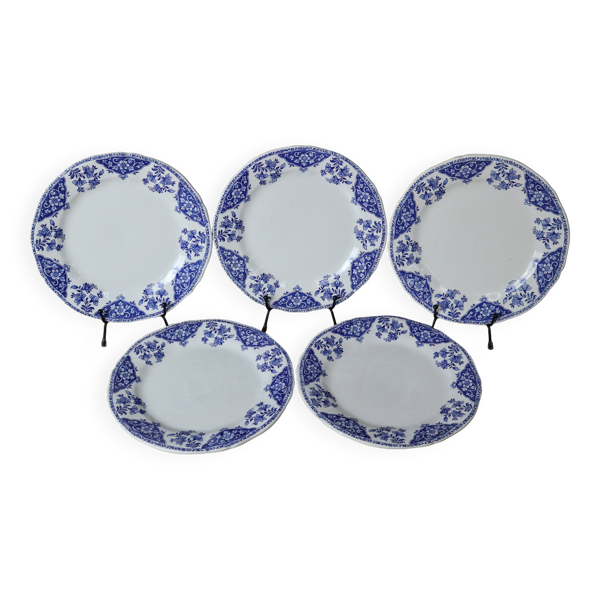 5 grandes assiettes à dessert en faïence ancienne de Gien
