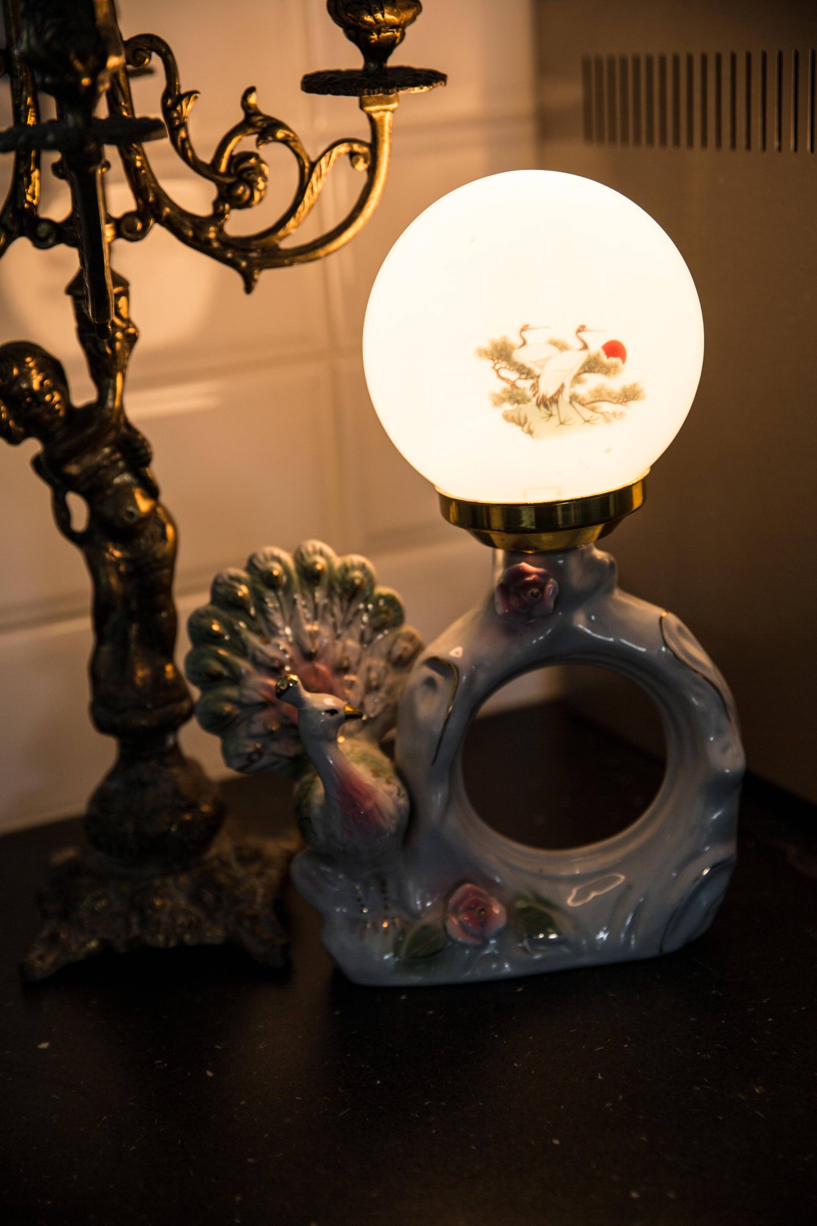 Mid-century white ceramic peacock table lamp, Europe, 1960s.