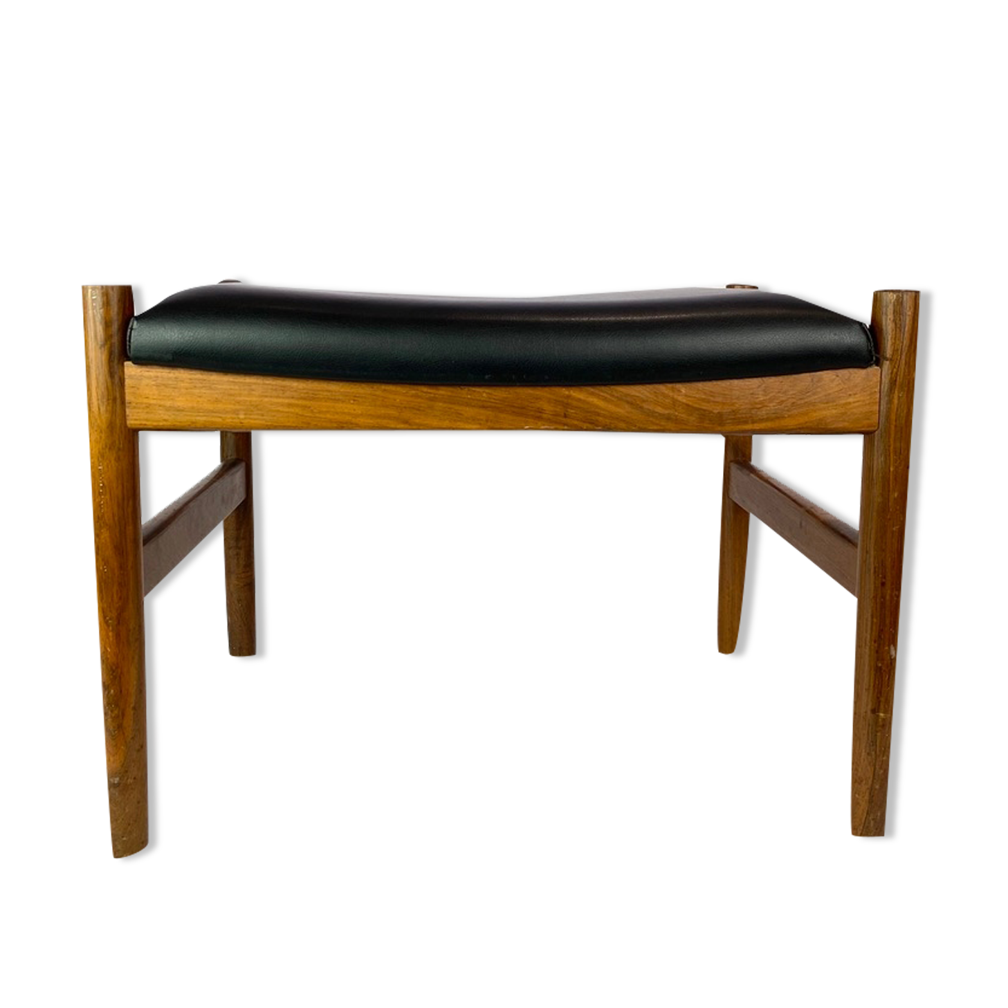 Tabouret en cuir noir et palissandre, de design danois fabriqué par Spøstrup Furniture, années 1960