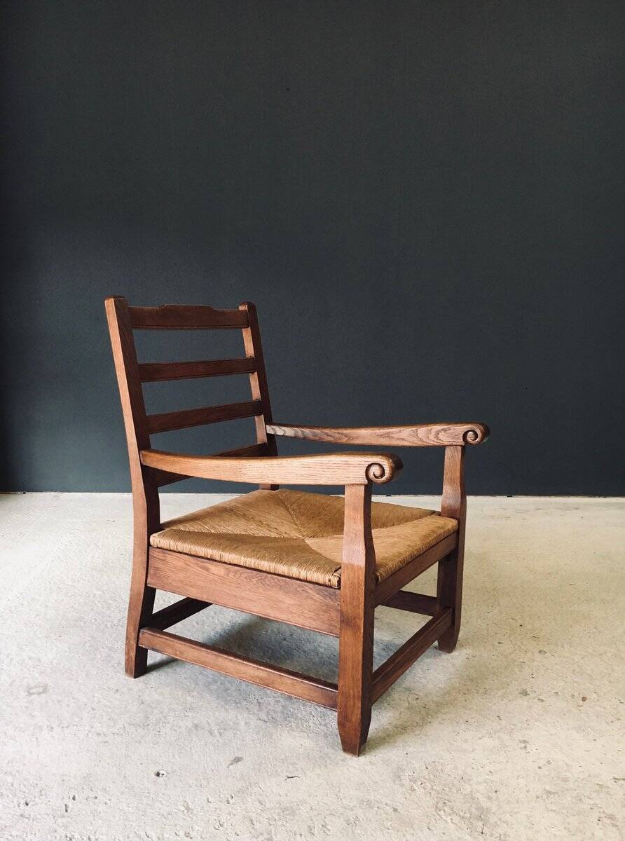 Rustic Oak & Rush Armchair, France, 1930s