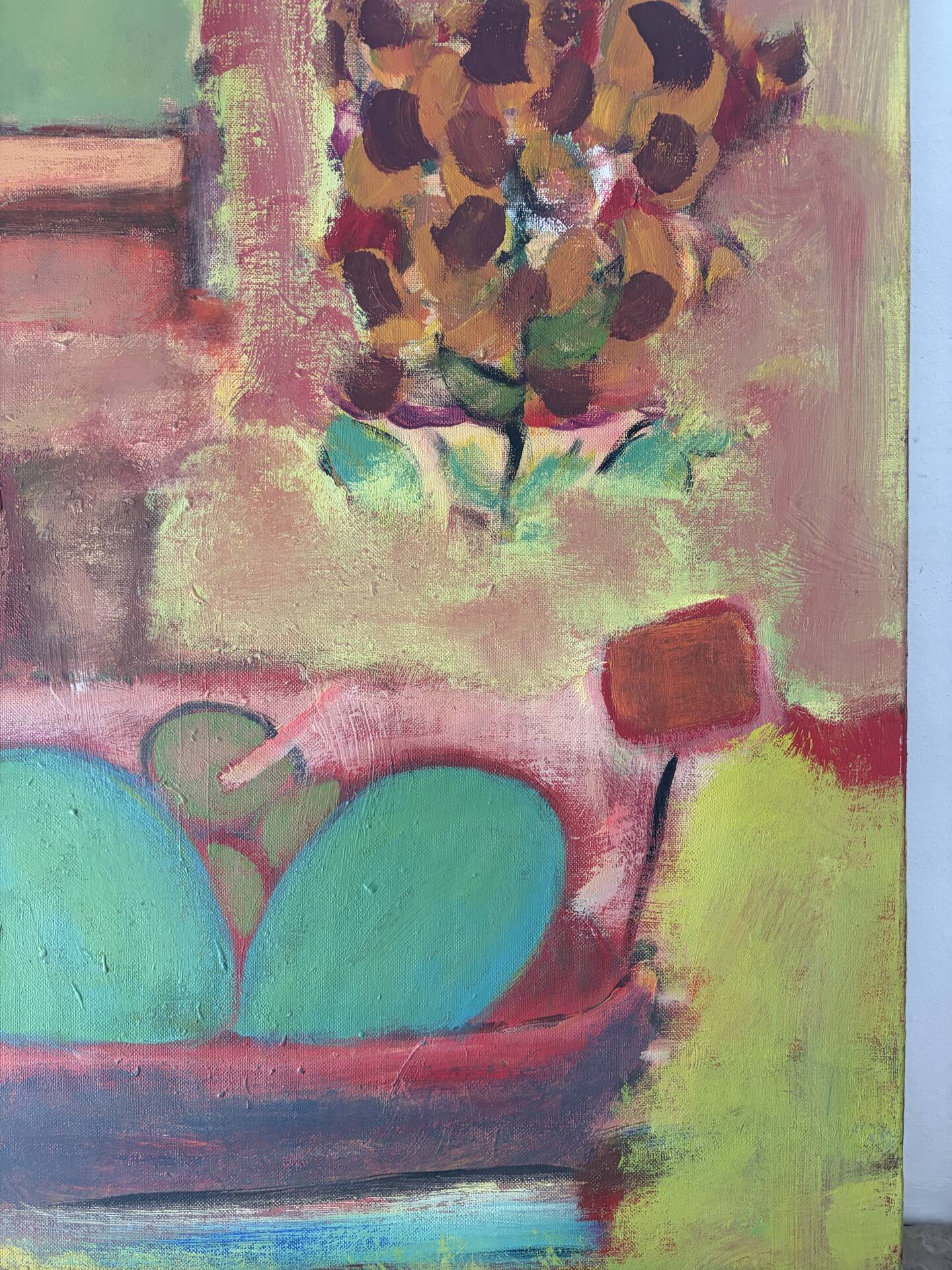 Still life in the living room, oil on canvas signed Banyan.