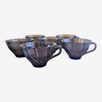 6 tasses à café/thé en verre noir fumé Vereco avec torsades