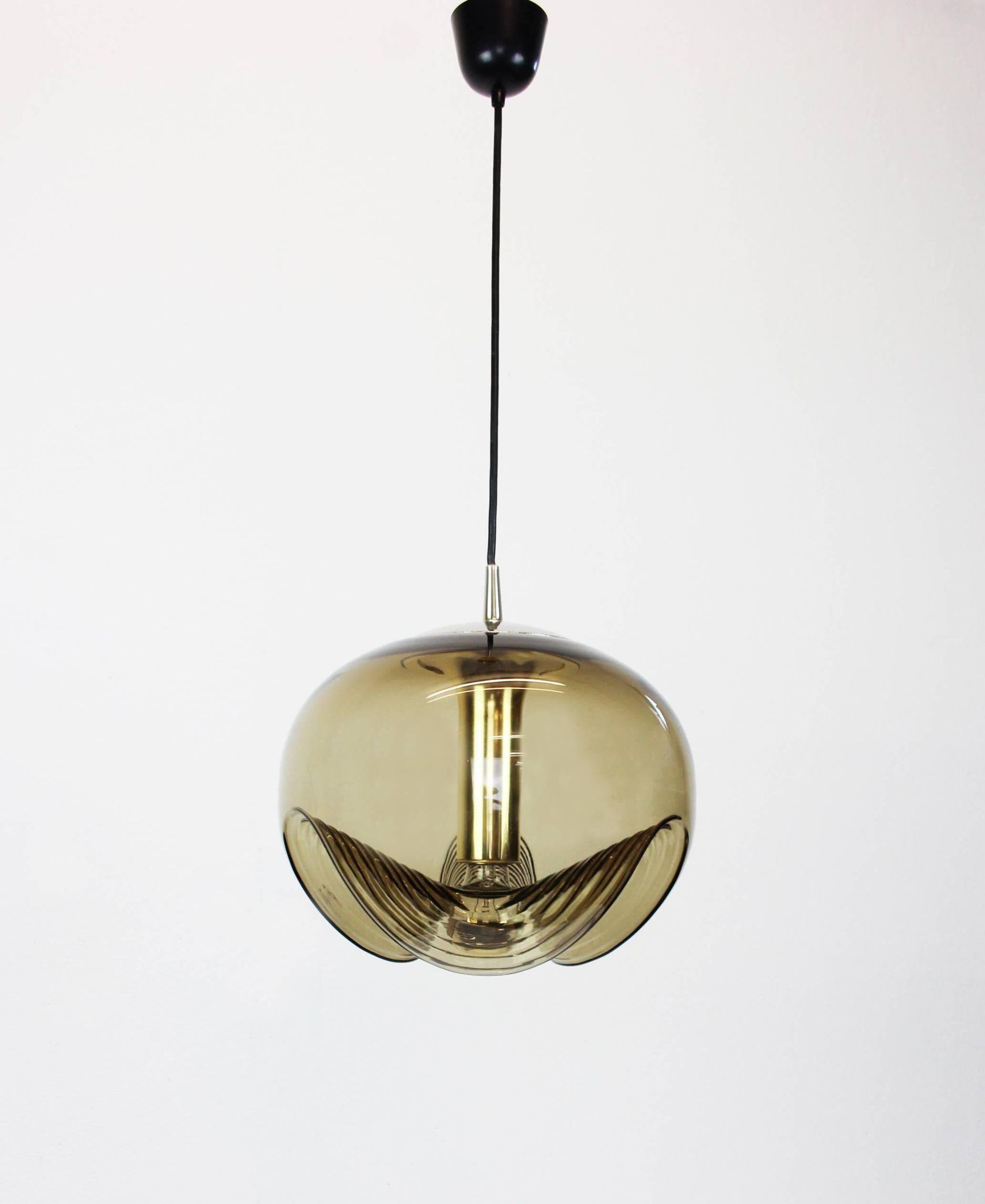 One of the four large smoked glass pendants by Peill & Putzler, Germany, 1970s.